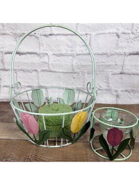 Vintage Home Décor Spring Pink Tulip Flower Green Metal Basket Candle Holder Set
